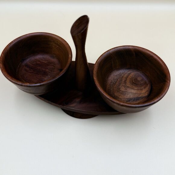 Vintage Kustom Kraft Solid Walnut Dip Set - MCM Snack Server USA - Picture 3 of 13